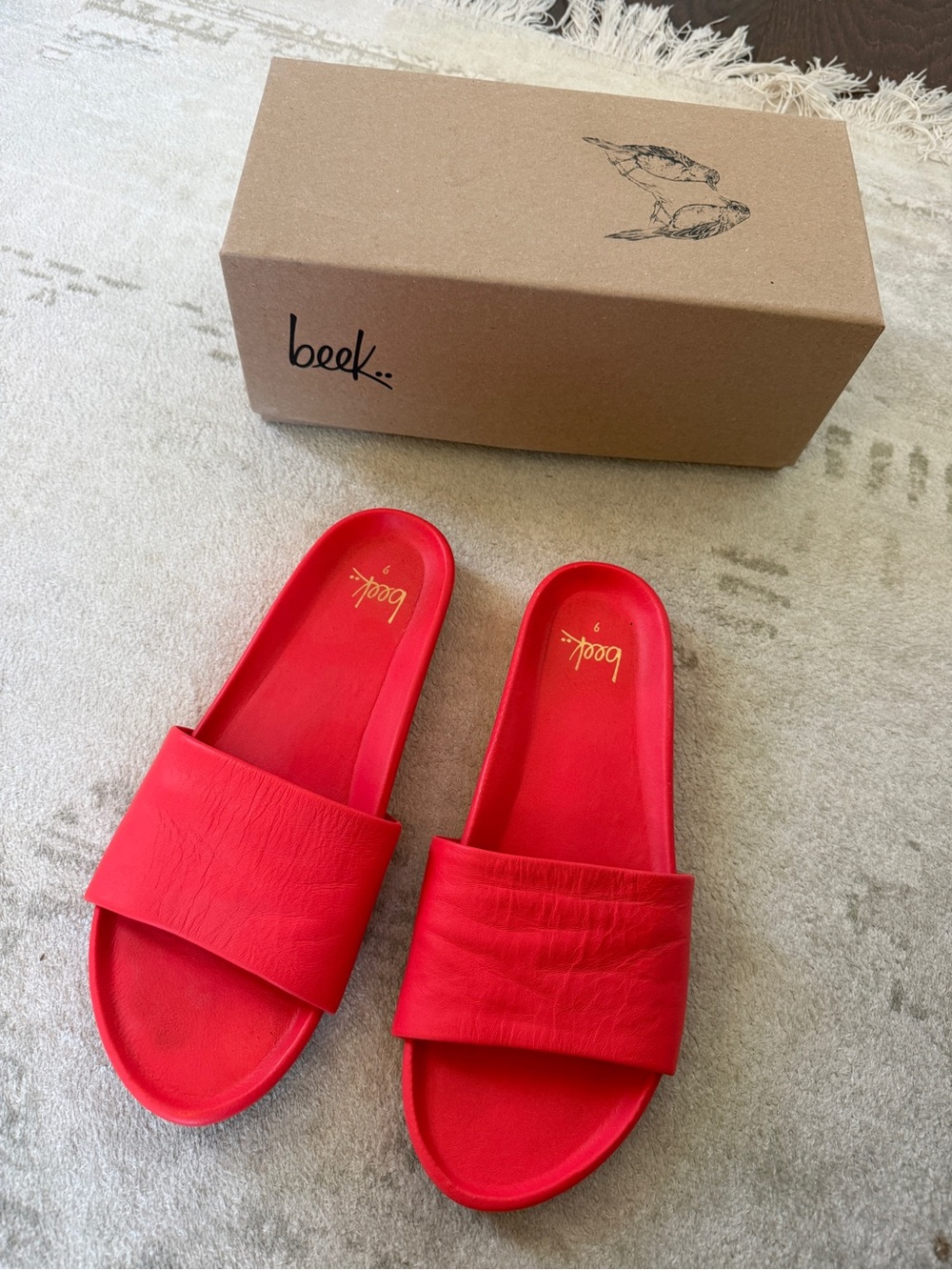 beek Bright Red Leather Slide Sandals